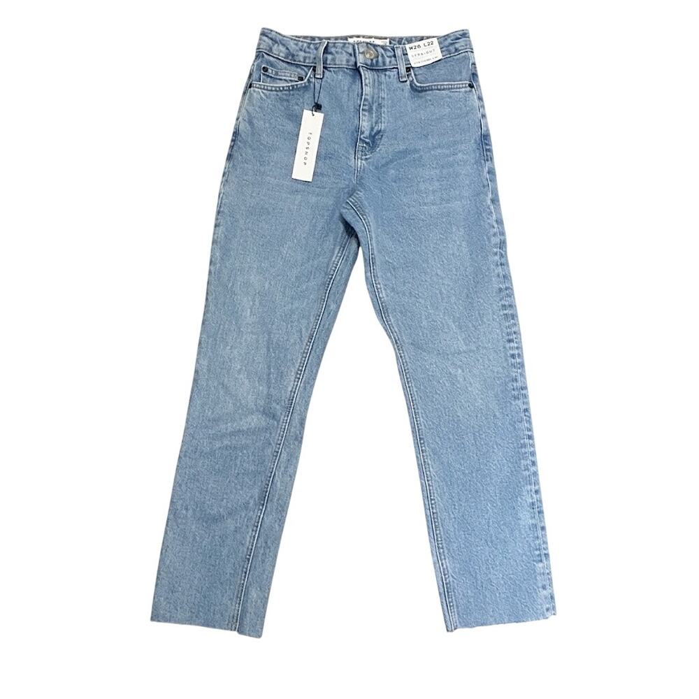 Topshop Straight Leg Jeans Women Light Wash Raw Hem High Rise Ankle Size 4 W26